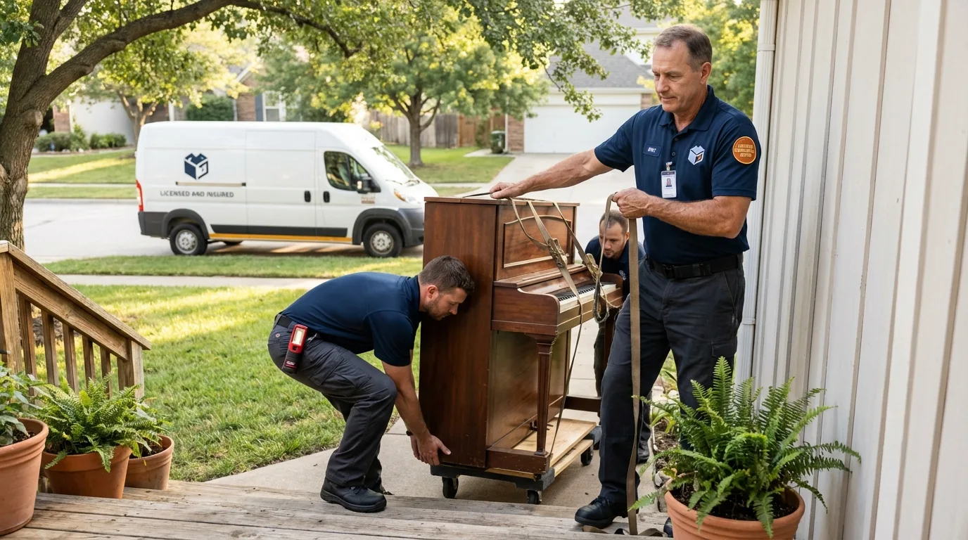 Licensed piano movers securing grand piano in White Haven, PA
