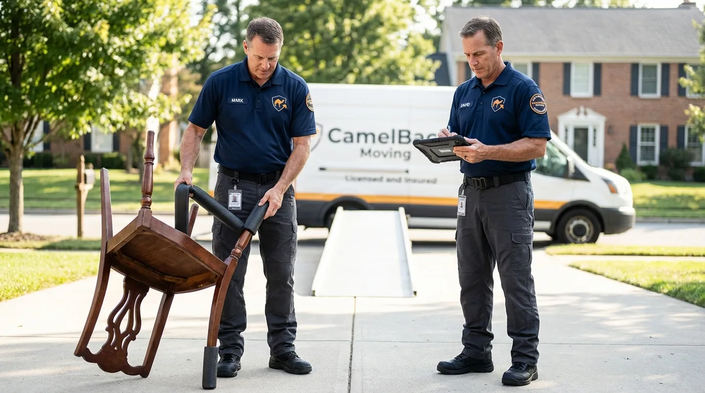 Movers inspecting furniture for damage prevention before loading in White Haven, PA