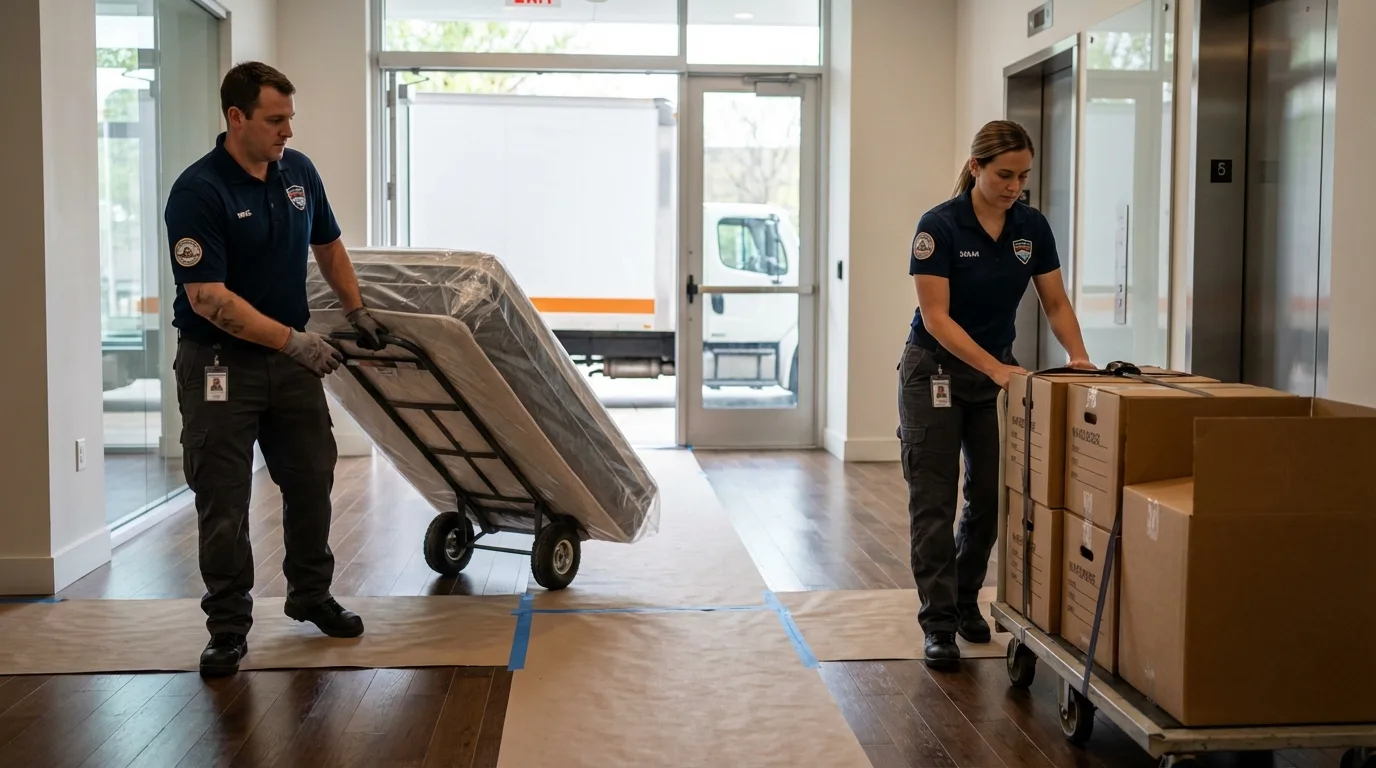 Professional apartment movers loading elevator in White Haven, PA